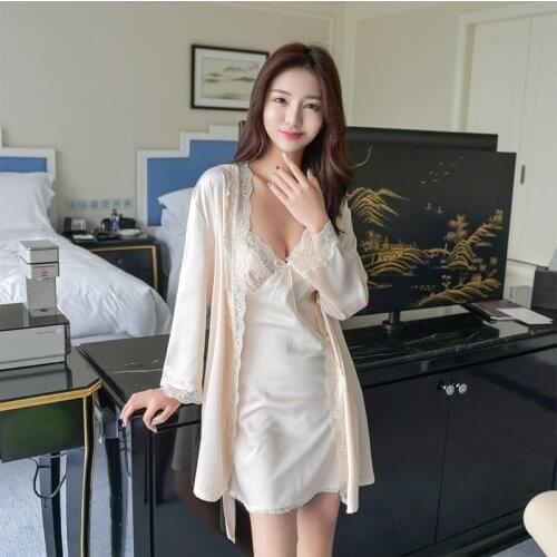 New Solid Color Women Lace Chiffon Robe & Nightgown Set Two Pieces Womens Bathrobe sp0086