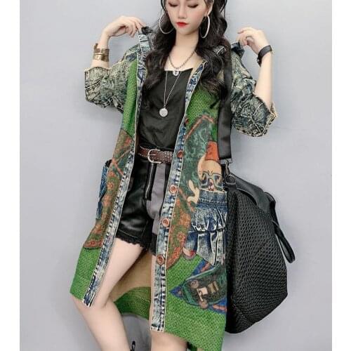 Fall 2020 Women Hoodies Jean Jacket Women Denim Jackets New Loose Show Thin Spliced Ma Hai Knitted Long Plus Size Denim Coats