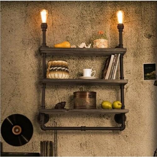 Retro Loft Shelf Wood Wrought Iron Pipe Wall Lights Edison E27 110V/220V Wall Lamp Luminaria for Cafe Bar Home Decoration