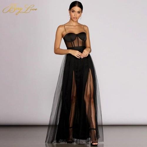 Sexy Illusion Evening Dresses Tulle Spaghetti Straps High Waist Illusion Side Slit Evening Gown Floor Length Robe de soirée