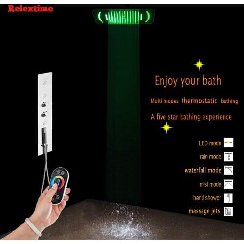 Concealed Thermostatic Shower Panel Bathroom Mixer Faucet Bath Tap Massage Jets Nozzle Glow Ceiling Shower Head Rain Spray Mist