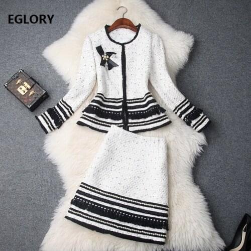 XXL Wool Jacket Sets 2020 Autumn Winter 2 Piece Set Women Hand Made Beading Deco Wool Coats+Black White Woolen Skirt Set Clothes