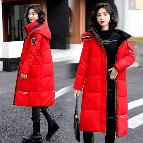 Women Casual Winter Thick X-Long Parkas Solid Hooded Down Cotton Jacket for Ladies Warm Print Cotton Padded Long Coats Outwear