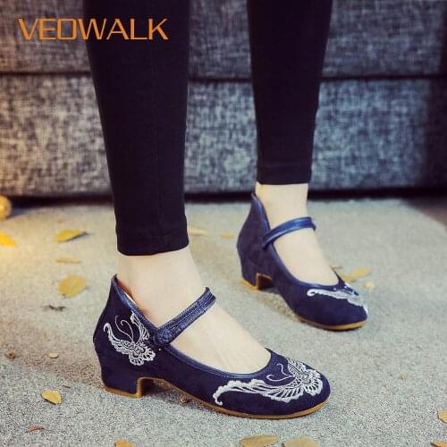 Veowalk Butterfly Embroidery Women 4cm Block Heels Shoes Jacqurd Cotton Embroidered Ladies Casual Pumps Mary Janes High Heels