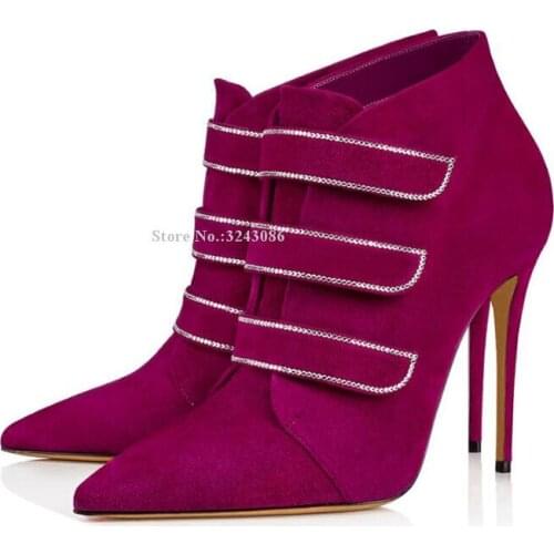 Suede Wine Red Crystal Ankle Boots Women Sexy Pointed Toe Stiletto Heel Short Boots Lady Large Size Banquet Shoes Dropship