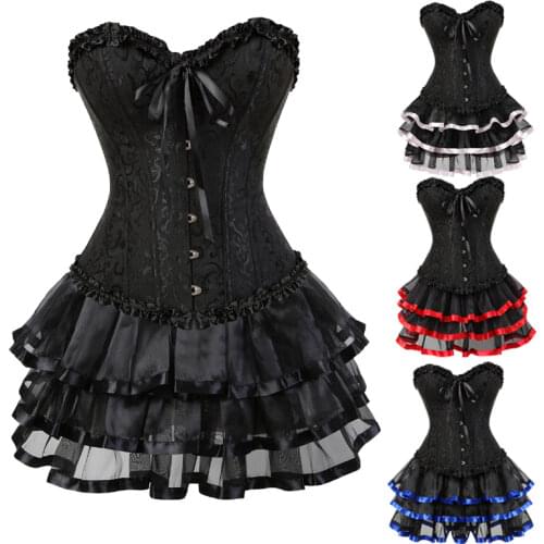 Sexy Black Corsets Dress for Women Plus Size Costume Burlesque Overbust Corset and Skirt Set Corselet Victorian Retro Gowns