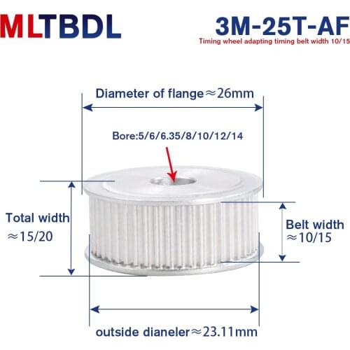25 Teeth HTD 3M Timing Pulley Bore 5/6/6.35/8/10/12/12.7/14mm for Width 10/15mm AF 3M synchronous belt HTD3M pulley 25Teeth 25T