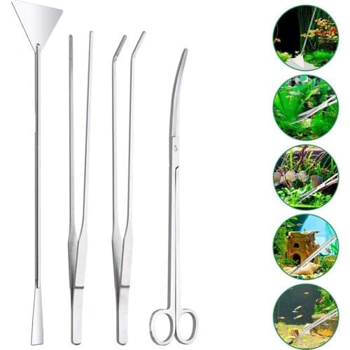 4-Piece Stainless-Steel Aquarium Plant Tool Set Terrarium Plant Tweezers Gravel Scissors Spatula Steel Waterweed Kit Fish