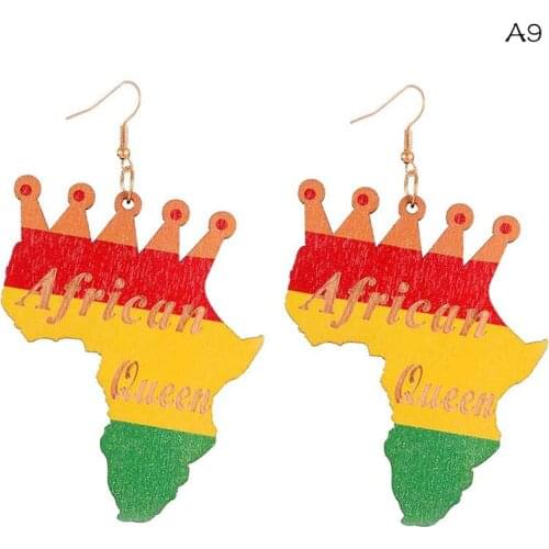 WHOMEWHO Laser Cut Natural Wood Africa Map Outlines Ankh Crown Queen Rock Earrings Vintage Party Club African Jewelry Wooden DIY