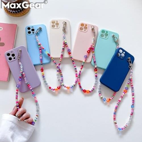 Beads Pendant Handy Strap Hang Phone Charm Case For iPhone 11 12 Pro Max XS X XR 7 8 Plus SE Lanyard Chain Liquid Silicone Cover