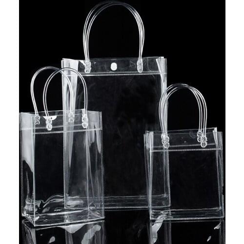 Express Free 100PCS/LOT PVC Plastic Gift Bags With Handles Clear Plastic Handbag Party Favors Bag Fashion PP Bags With Button