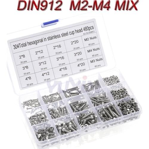 480Pcs/Set DIN912 M2 M2.5 M3 M4 304 Stainless Steel A2-70 Hexagon Socket Head Cap Screws Bicycle Hex Bolts Assortment Kit Set