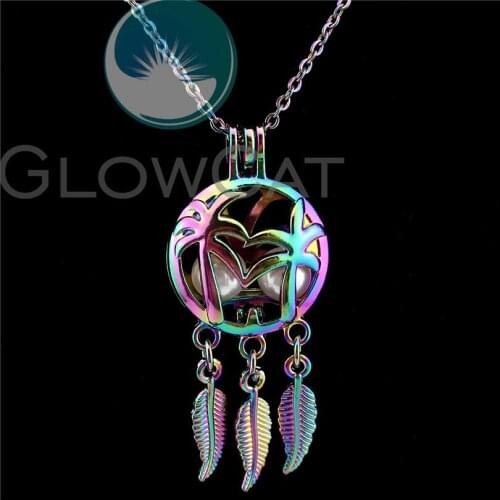 C825 Rainbow Color Coconut Tree Dream Catcher Beads Cage Perfume Essential Oil Diffuser Oyster Pearl Cage Locket Necklace