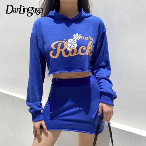 Darlingaga Vintage Fashion Brown Autumn Tracksuit Women Letter Floral Print Cropped Hoodie and Mini Skirts Suits Two Piece Set