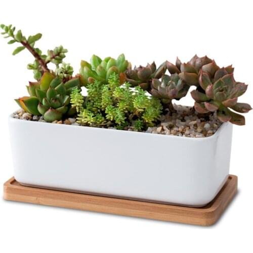 2Pcs Ceramic Oblong Flower Pot with Bamboo Tray Succulent Planter Garden Bonsai Pot Flowerpot (White)