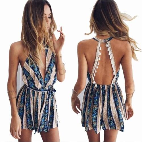 Summer Deep V Neck Women Rompers Lead Sexy Backless Tassels Jumpsuit Floral Stripe Printing Bodysuit Combishort