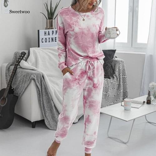 2 Piece Set Gradual Change Tie Dye Print Light Blue Casual Long Sleeve T shirt+Pants Womens Two Piece New Outfits