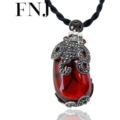 FNJ 925 Silver MARCASITE Pixiu Pendant for Jewelry Making Original Pure S925 Sterling Silver Pendants Women Garnet Red Stone