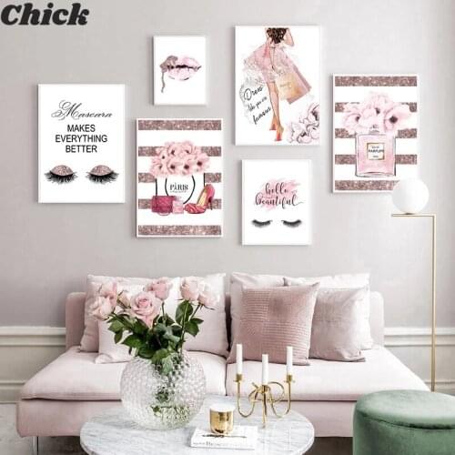 Pink Flower Perfume Fashion Poster Eyelash Lips Makeup Print Canvas Art Painting Wall Picture Modern Girl Room Home Decoration