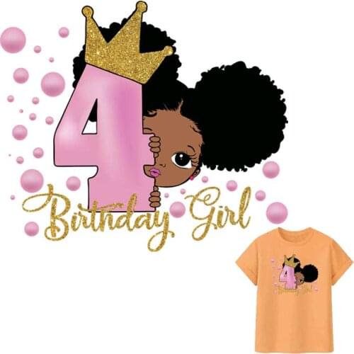 Cartoon Number 4 Birthday Girl Iron-On Transfers For Clothing DIY Kid T-Shirts Thermo Adhesive Patches Fashion Children Stickers