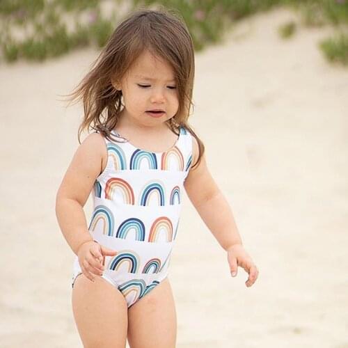 Newest Fashion Newborn Swimwear Baby Kids Girls Rainbow Print Strap Ruffle Swimming One-Piece Bikini Swimwear Swimsuit