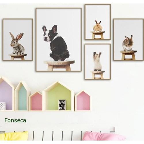 Baby Animal Stand On Chair Poster Cute Rabbit Dog Cat Canvas Painting Wall Art Nordic Picture Kids Room Nursery Home Decoration