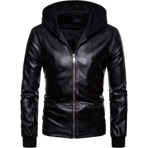 Simple hooded leather jacket mens slim motorcycle coat jackets clothes personalized jaqueta de couro stage street fashion black
