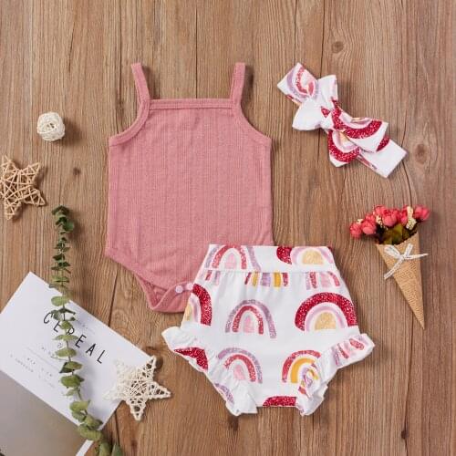 Pudcoco Newborn Baby Girl Clothes Solid Color Knitted Cotton Suspenders Romper High Wais Rainbow Print Romper Headband 3Pcs Set