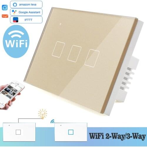 WIFI Touch Light Wall Switch Gold Glass Blue LED 118*72mm Smart Home Phone Control 3Gang 2Way Square Alexa Google Home Alice