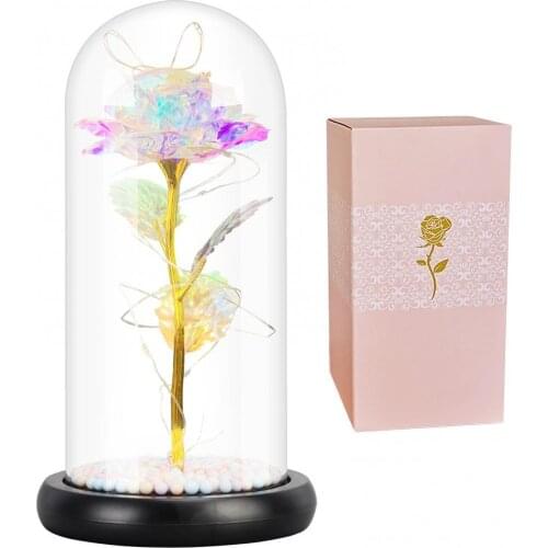 Glass Rose Golden Forever Artificial Rose in Glass Dome with Fairy LED Light Home Decor Gift for Mother Wife Wedding Anniversary