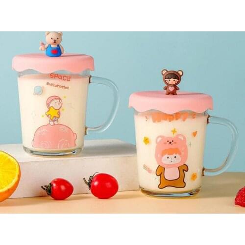 Glass Cup with Lid More Thicken 4 Types Cute Cartoon Pattern Water Cup for Home