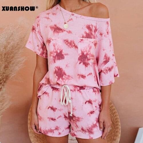 XUANSHOW Tie Dye Print Shorts Two Piece Set 2020 Summer Women Casual Outfits lounge Wear Jogging Femme Shorts Tees Shirt Set