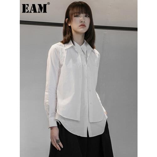 [EAM] Women White Black Double Layers Spliced Blouse New Lapel Long Sleeve Loose Fit Shirt Fashion Spring Autumn 2021 1DD6023