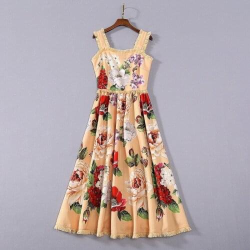 American European womens and clothing 2021 summer new style Condole belt The peony print Fashionable cotton and linen dress