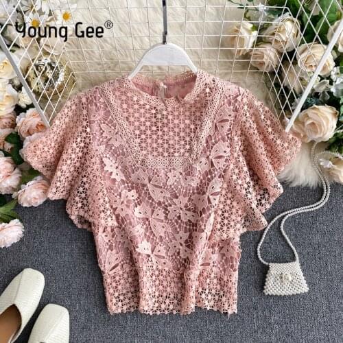Young Gee White Lace Top Women Korean Summer Shirts Flower Short Ruffle Sleeve Shirt Fashion Basic Blouse Women Pink Blouses