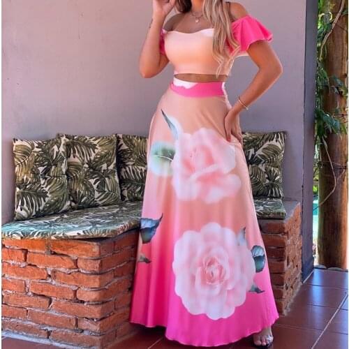 Women Floral Print Long Dress Set Sexy Off Shoulder Short Tops And A-line Skirt Suit Summer Party Two Piece Set Vestido De Mujer