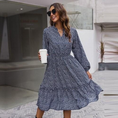 Medium Long Slim Print Dress Women Casual V Neck Autumn Winter Full Sleeve Dress For Women 2020 New Elegant