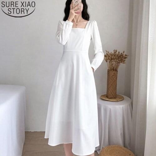 White Dress Vintage Square Collar 2021 Autumn French Elegant Backless Dresses Gentle Sweet Temperament Slim Midi Dress 13016