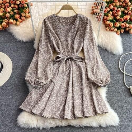 Autumn Vintage V-Neck Printed Chiffon Mini Dress Women Sexy V-Neck Long Sleeve High Waist Vestidos With Sashes Female 2021 New
