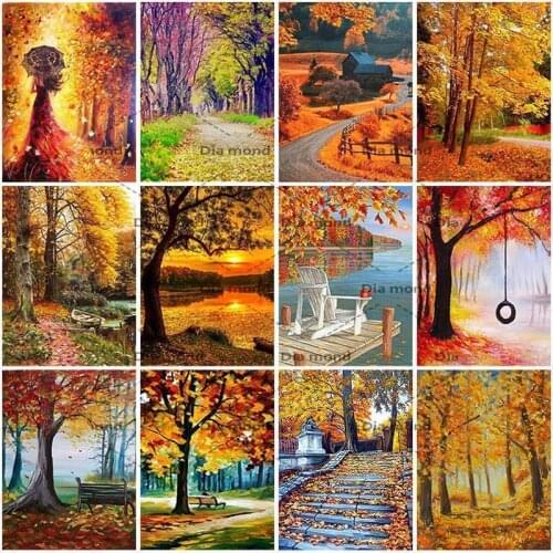 5D Diamond Painting Tree Fall Full Square/Round Rhinestone Scenery Autumn Diamond Embroidery Mosaic Cross Stitch Home Decor