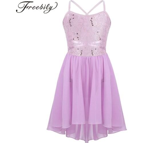 Girls Spaghetti Straps Sequins Lace Chiffon Ballet Tutu Dress Gymnastics Leotard Kids Stage Contemporary Lyrical Dance Costumes