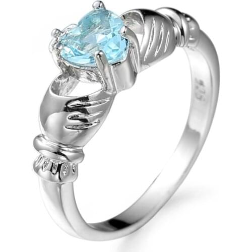 2019 New Fashion Claddagh Jewelry Lady light Blue CZ sterling silver Rings Size 6 7 8 9 10 simple Love heart ring Gift Wholesale
