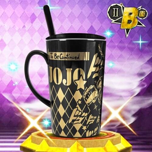 OJos Bizarre Adventure Kujo Jotaro Hot Stamping Water Ceramic Coffee Mug Cup+Spoon+ Lid Collection Anime Cosplay Gift