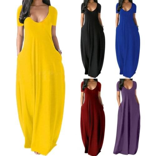 Deep V-neck Women Dress Short Sleeve Thin Solid Color A-Line Maxi Comfortable Dress Streetwear