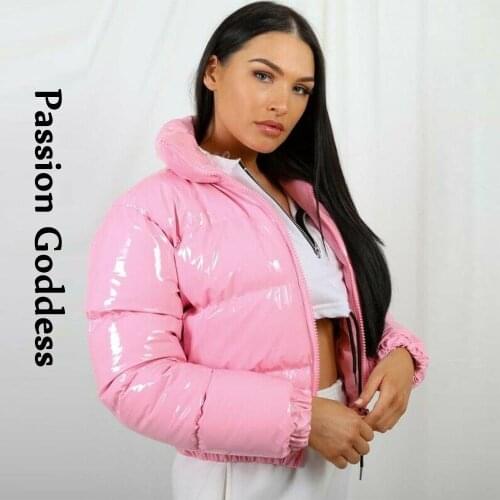 Winter Women Cute Pink Bright PU Puffer Jackets Warm Loose Bubble Coat Down Parkas Zipper Stand Collar Puffly Cropped Jacket XXL