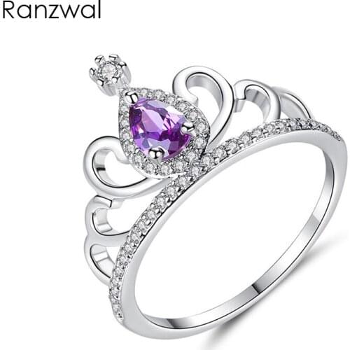 Ranzwal Purple Zircon Crystal Queen Crown Rings for Women White Gold Plating Engagement Ring Wedding Band Jewelry US SIZE 6~9