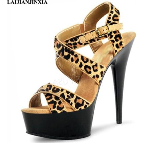 New summer womens sexy platform leopard print high heels 15cm pole dancing sandals 6 in exotic dancing shoes