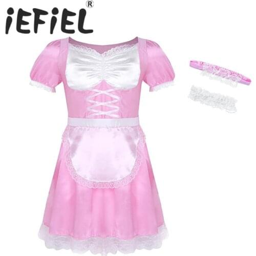 Sexy Male Mens Sissy Maid Uniform Fancy Cosplay Party Dress Costume Outfit Short Sleeve Satin Dress with Choker and Headband