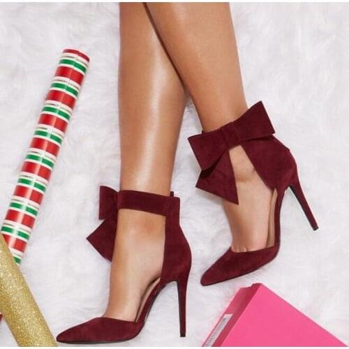 Chic Burgundy Suede Butterfly-knot Heels Sandals Women Bowknot Decorated Pointy Stiletto Heel Pumps Cut-out Ladies Dress Shoes