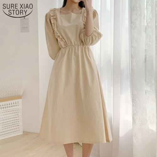 Sweet Chic 2021 Summer Women Dress Solid Cotton Bubble Sleeve Sqaure Neck Dress French Women Fashion Party Dress Vestidos 13959